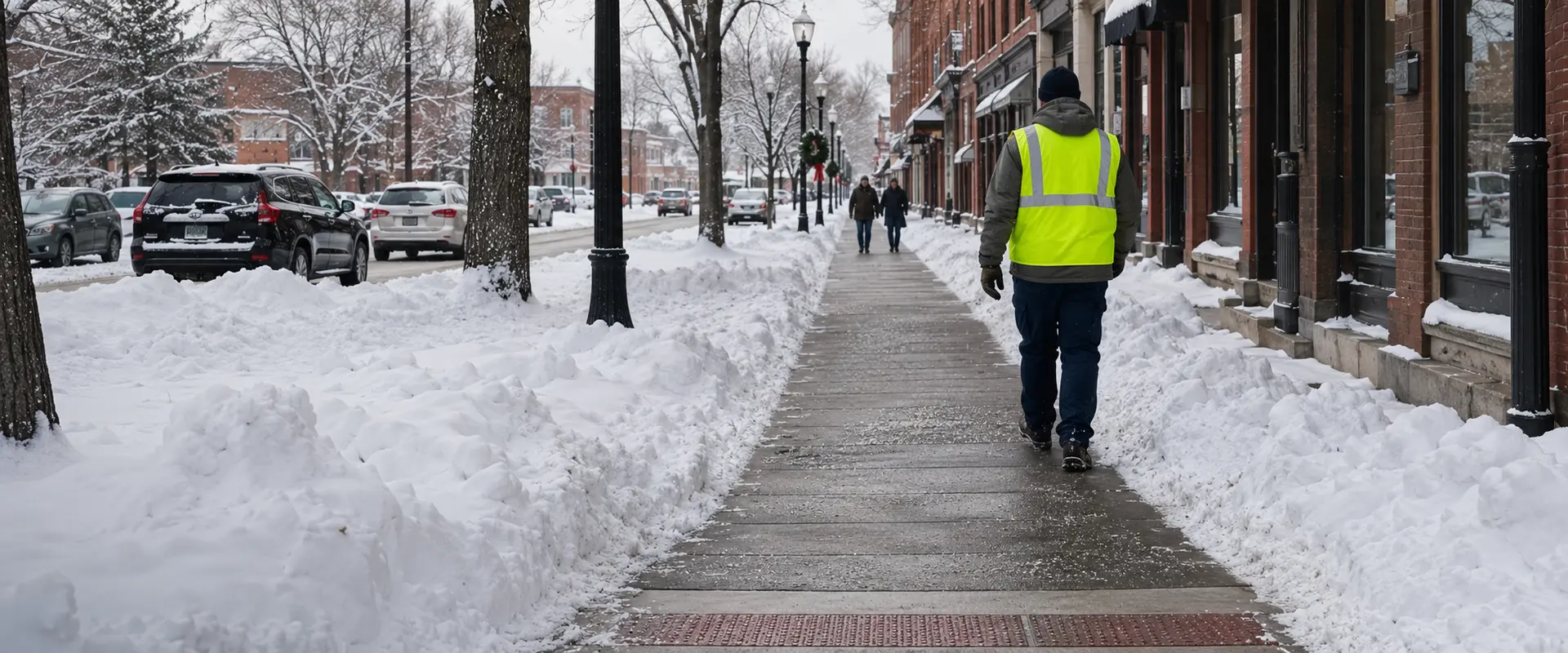 Crew member in a high-visibility jacket on a freshly cleared downtown sidewalk at dusk